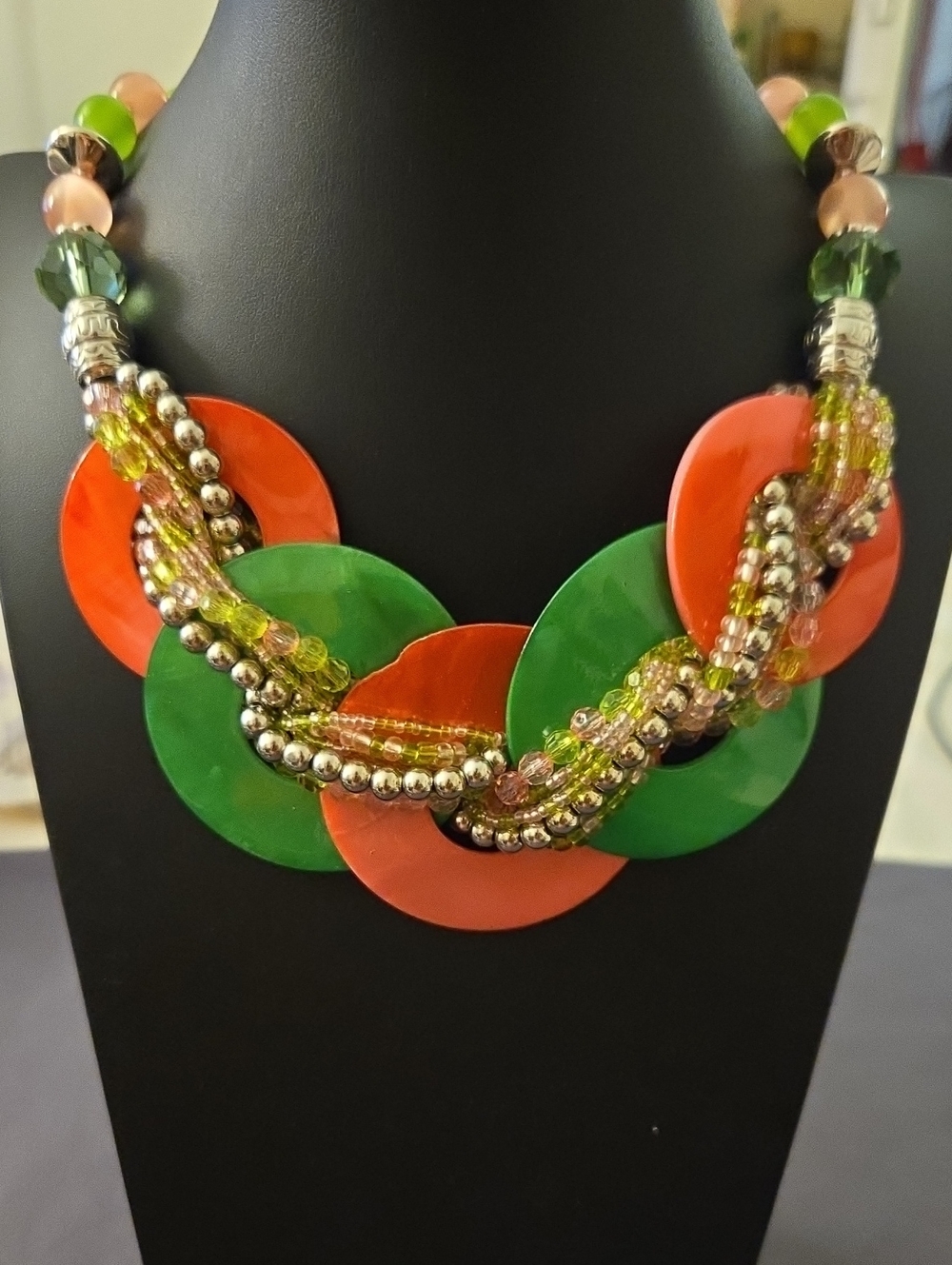 Statement Green & Pink Beaded Link Necklace With Matching Wrsp-around Bracelet